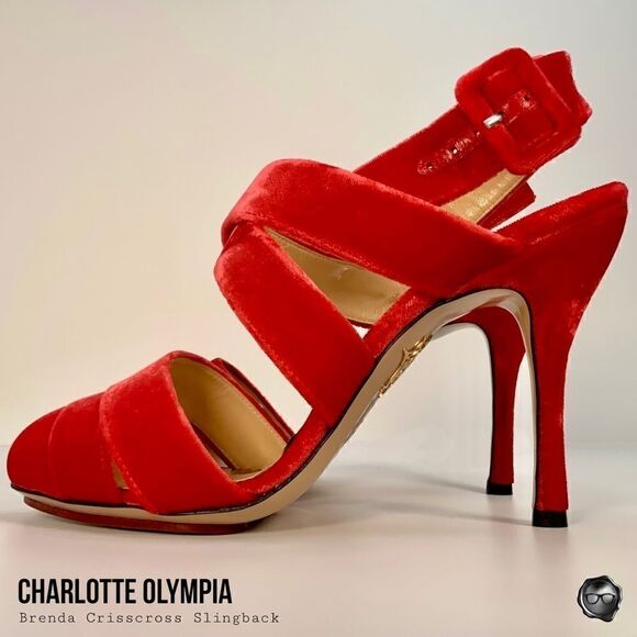CHARLOTTE OLYMPIA BRENDA CRISSCROSS SLINGBACK PUMPS IN RED VELVET EU 38.5 NEW - Picture 3 of 15
